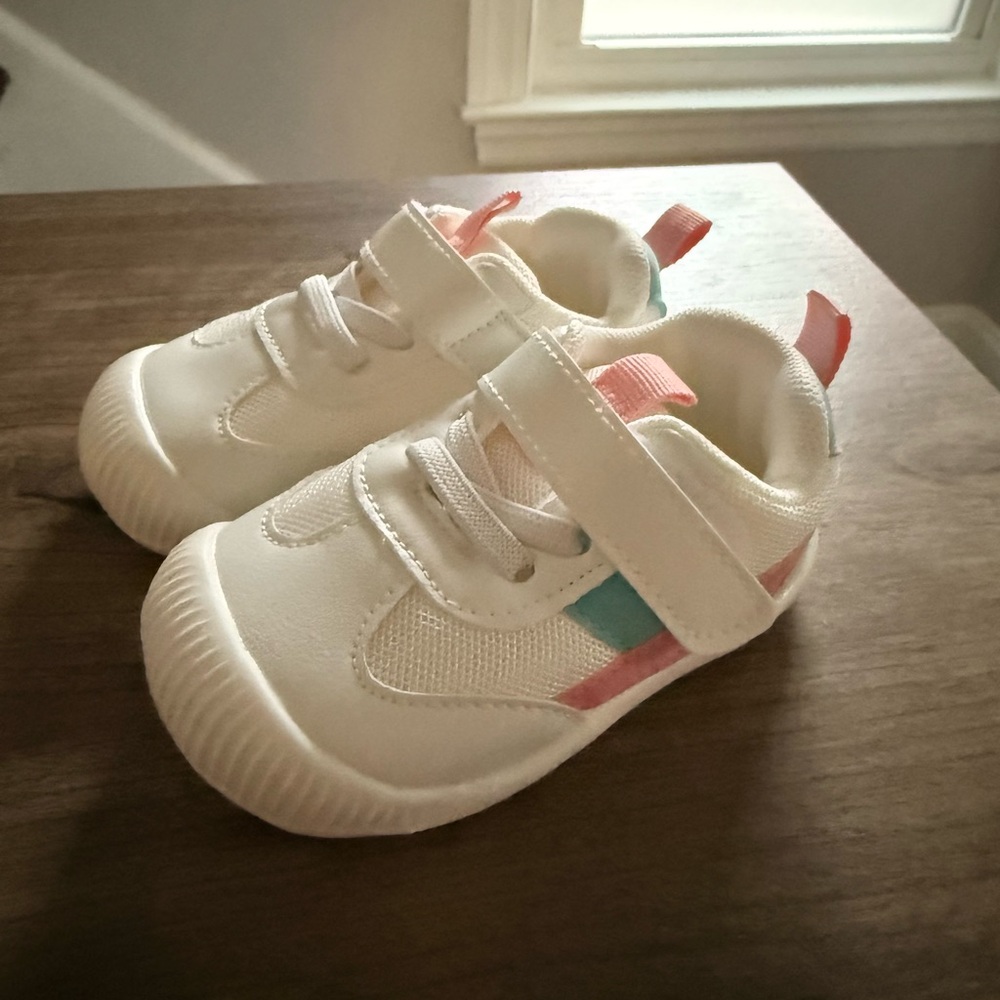 Toddler White Casual Sneakers with Pink & Teal Accents